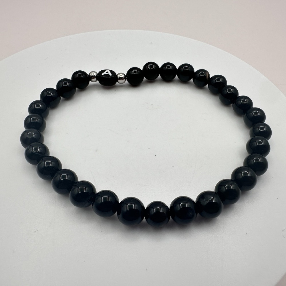 Vintage 90s Silver-Tone A Initial Black Beaded Stretch Bracelet Classic Jewelry